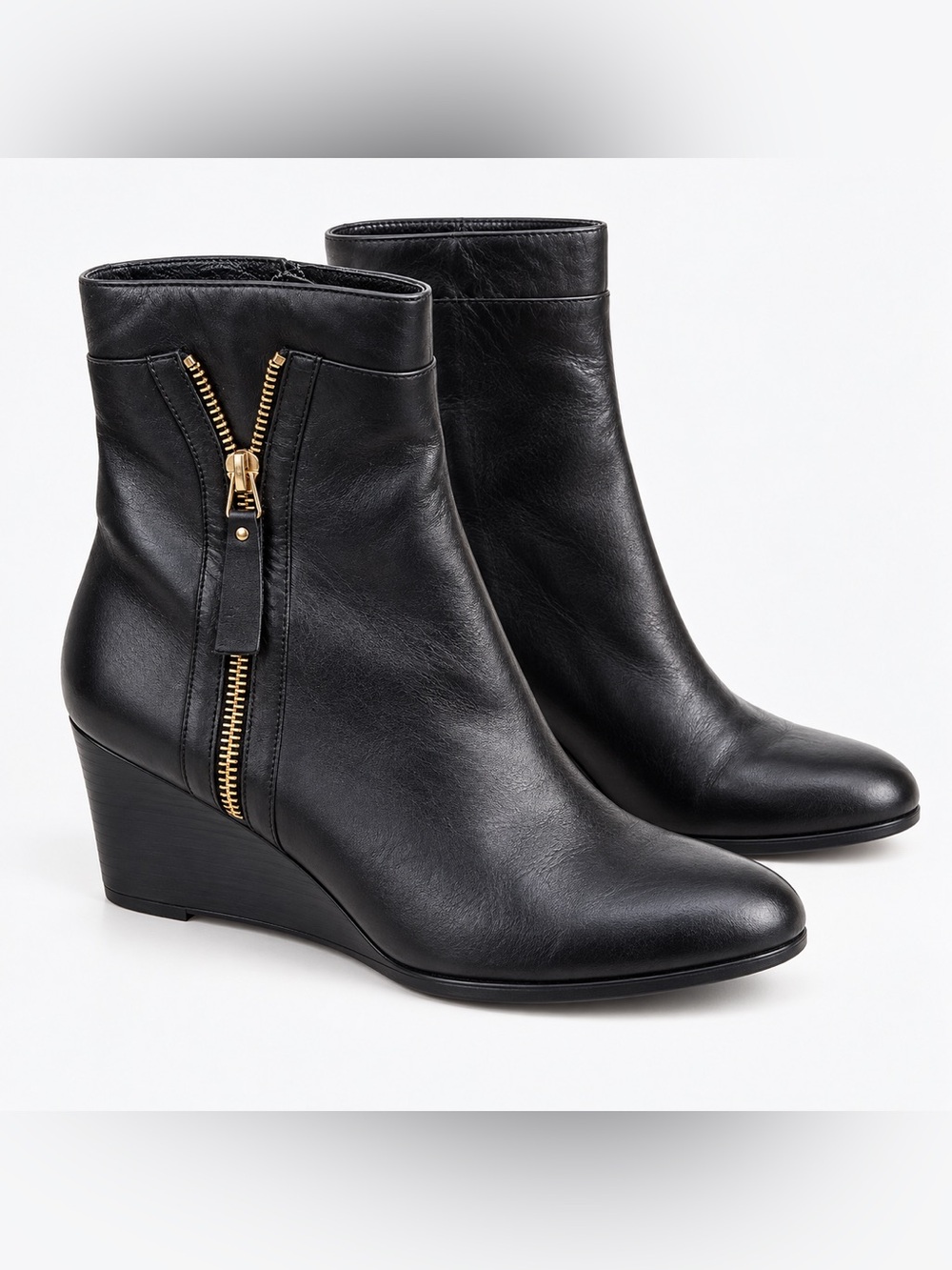 Rosario Rosso Black Leather Wedge Ankle Boots Gold Zip Italy Sz 37